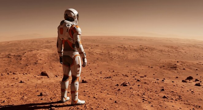 Lone astronaut in a high-tech spacesuit standing on Mars
