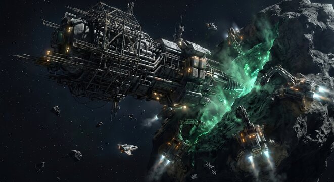 Industrial spaceship mining glowing green minerals from an asteroid