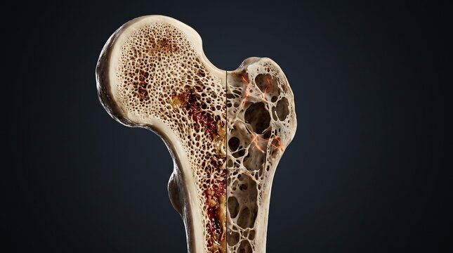 3D Medical Cross Section of Bone Comparing Healthy and Osteoporosis Structure