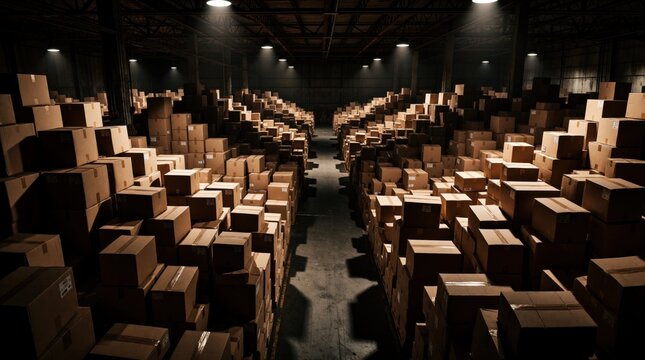 Massive warehouse interior filled with chaotic piles of cardboard boxes. Large industrial storage building contains cluttered stacks of brown parcels, cargo. Messy inventory management in