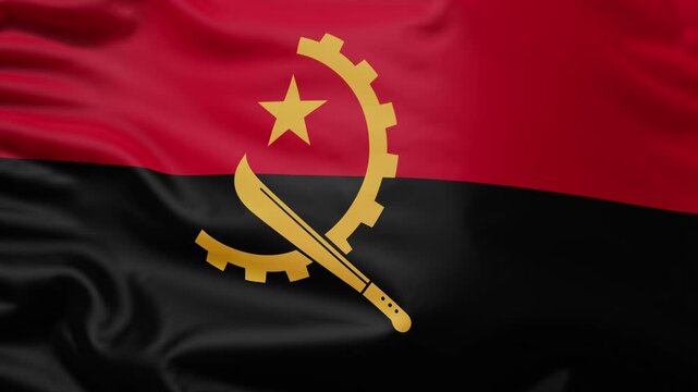 Angola flag waving in the wind, seamless loop. National flag of Angola, satin fabric close-up, 4K animation