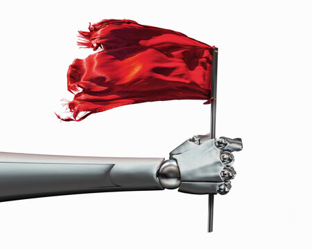 A robotic hand holding a red flag &ndash; a symbol of automation through artificial intelligence. A new era.