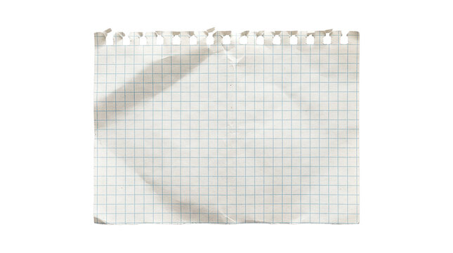 Torn squared notebook paper sheet with blue graph grid, perforated binder edge, creases and aged texture isolated on transparent background for stationery collage design