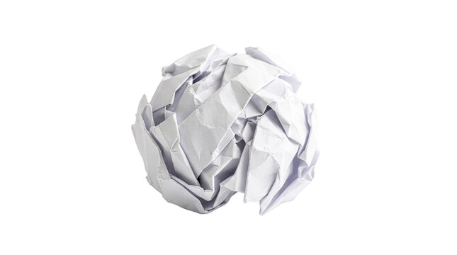 Crumpled white paper ball made from a crushed blank sheet with deep folds isolated on transparent background for discarded ideas and office waste concepts