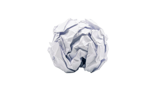 Discarded white paper wad with layered creases and uneven rounded shape isolated on transparent background for office stationery, recycling and brainstorming projects