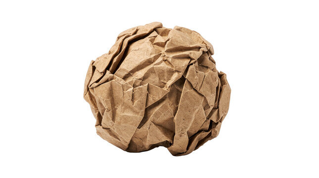 Crumpled brown kraft paper ball with rough recycled texture and irregular folds isolated on transparent background for waste, recycling and creative design concepts