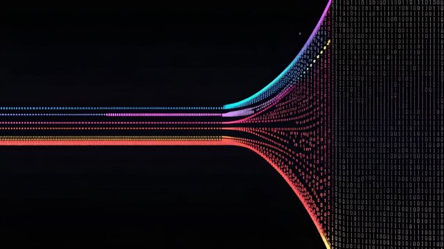 Digital data streams converging into colorful abstract patterns on black background