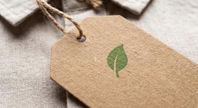Textured recycled cardboard tag attached to an organic linen shirt