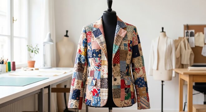 Complex upcycled patchwork jacket displayed on a tailor's mannequin