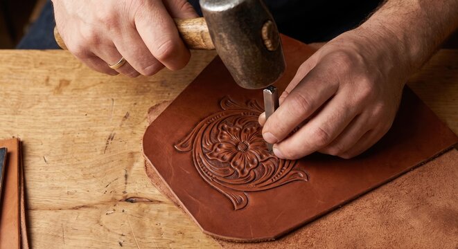 Leatherworker's hands stamping an intricate floral pattern into a brown belt
