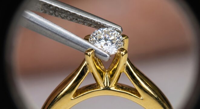 Tweezers lowering a microscopic sparkling diamond into a gold ring