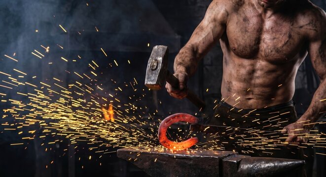 Blacksmith striking a red-hot iron horseshoe on an anvil with flying sparks