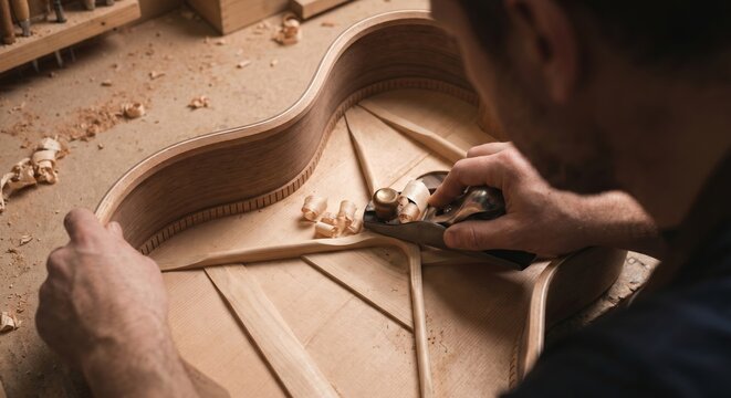 Master luthier using a hand plane to carve the interior of an acoustic guitar