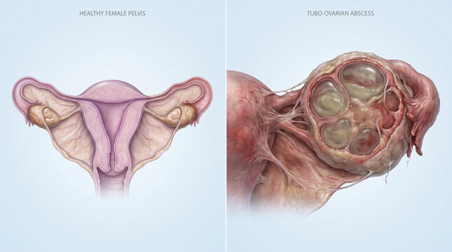 Tubo Ovarian Abscess vs Healthy Female Pelvis Anatomy Comparison
