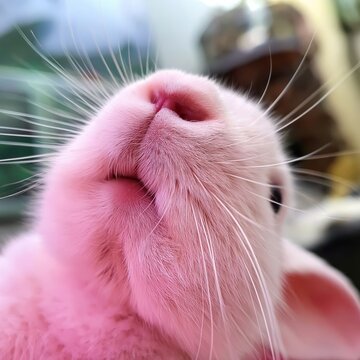 Close View of a Pink Rabbit Looking Upward Indoors