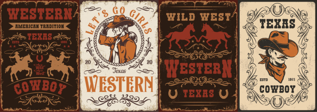 Four vintage western-themed signs with cowboy