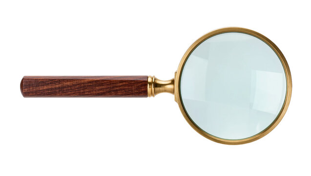 Antique brass magnifying glass with polished wooden handle, isolated on transparent background