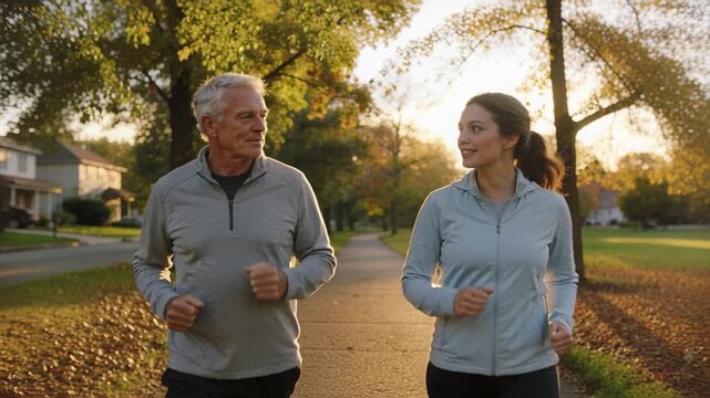 Jogging senior man and adult woman matching pace on suburban path in zip-ups for exercise together