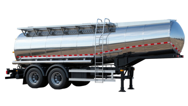 Shiny chrome tanker trailer with red and white reflective stripes, isolated on transparent background