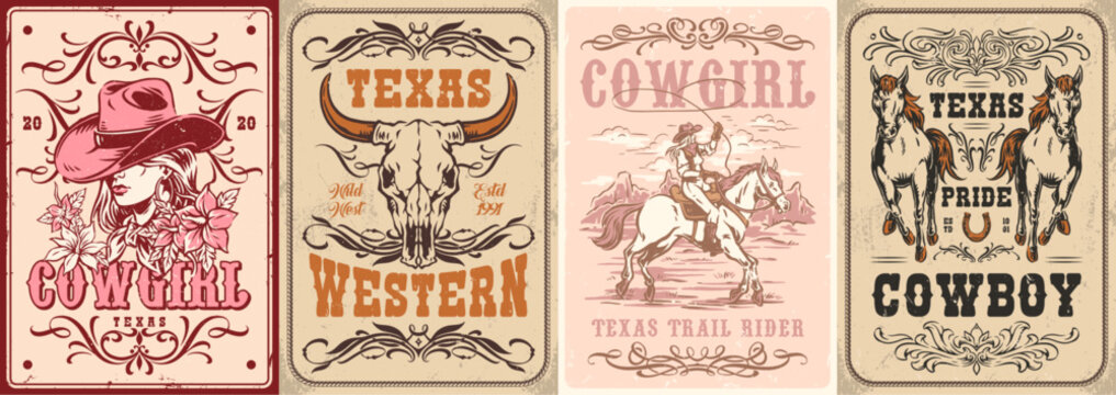 Vintage Western design set featuring cowgirls