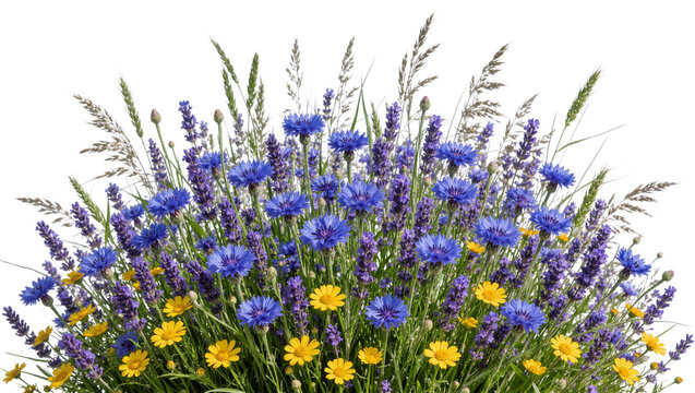 Vibrant bouquet of blue cornflowers purple lavender and yellow daisies, isolated on transparent background