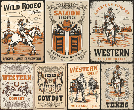 Western cowboy scenes with horses and cattle
