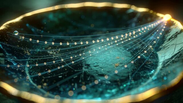 Flashing gold rim highlight sending threads and beads drifting across teal bowl on tabletop, bokeh