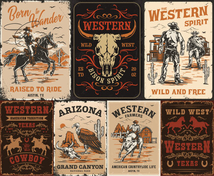 Each design features a cowboy or wild animal