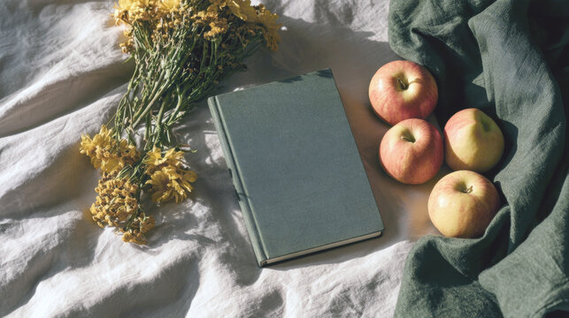 cozy autumn flat lay composition with a green book fresh red apples yellow wildflowers and linen fabric on a soft bed reflecting a peaceful seasonal rustic lifestyle reading and relaxation mood