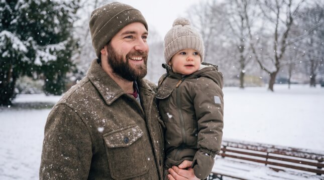 Happy father and daughter enjoying a snowy winter day outdoors in a peaceful setting
