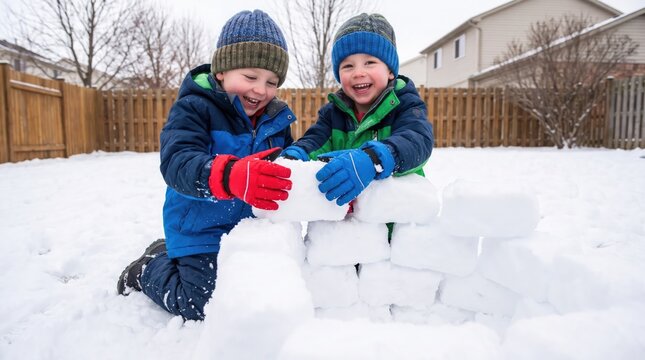 Two young boys happily building a large snowman together in a snowy winter backyard