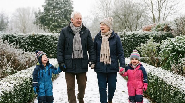 Family with grandparents enjoying a winter walk in a snowy forest together
