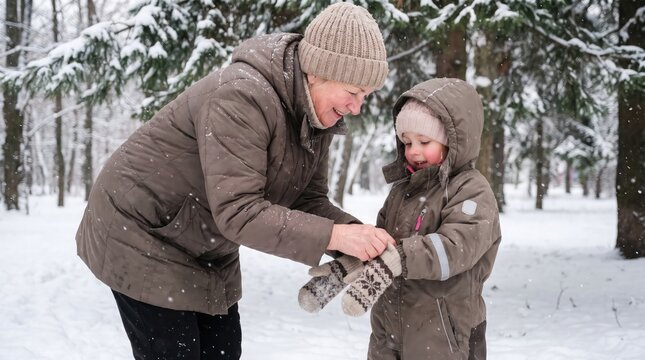 Grandfather and granddaughter share a tender moment with a small animal in winter snow