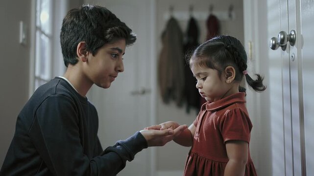 Raising right hand, kneeling teen boy offering open palm at home entry, guiding toddler's hand