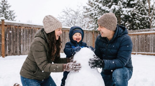 Family building a snowman together in a snowy backyard on a winter afternoon