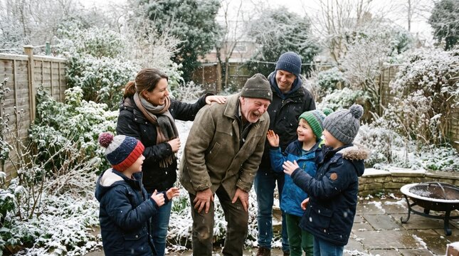 Family enjoying a winter day together in a snowy garden with falling snow