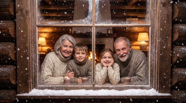 Family looks out a frosty window at a cozy winter scene with warm lighting inside