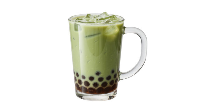 Green matcha bubble tea with tapioca pearls in a glass mug, isolated on transparent background