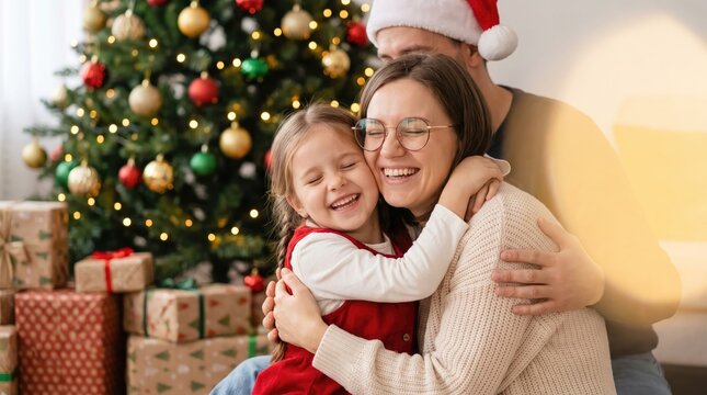 Joyful mother and daughter embrace in front of a decorated christmas tree with gifts