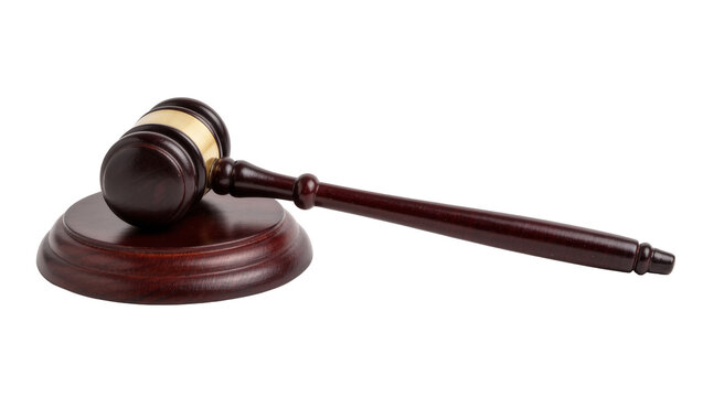 Dark polished wood judge gavel with brass band, isolated on transparent background