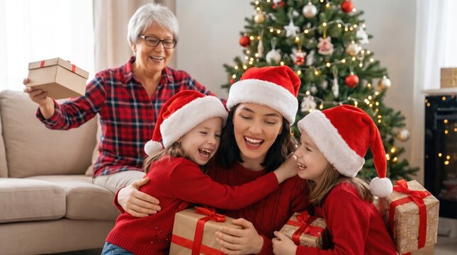 Joyful family embracing and celebrating christmas together with gifts and a decorated tree