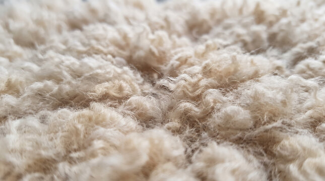 Raw sheep wool texture, curly white fleece macro background, soft organic animal fiber, natural cream textile material for winter fashion