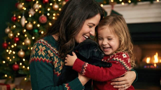 Joyful mother and daughter embracing warmly in front of a decorated christmas tree at home