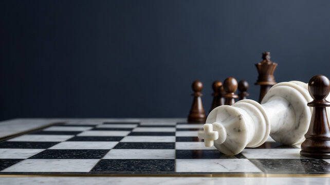 Fallen white marble king on chessboard