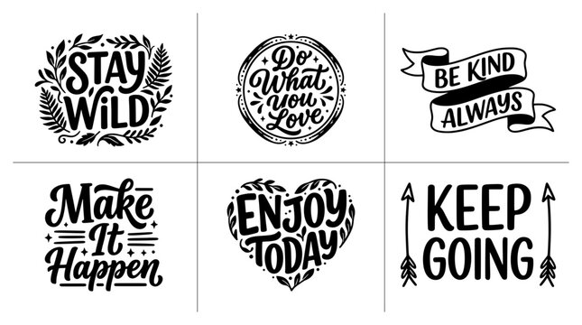 Motivational quotes set with lettering and decorative elements for inspiration, print and stickers