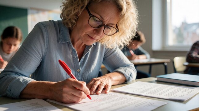 Mature female teacher with blonde hair, glasses sits at desk. Uses red pen to grade student essays, mark papers. Woman works in classroom checking homework exam results to provide feedback for school