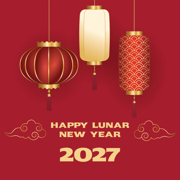 Happy Lunar New Year 2027 card with Chinese lanterns on a red background. Ideal for CNY greeting cards, holiday banners, and festive advertising
