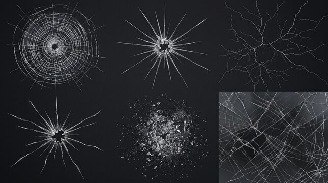 Abstract broken glass patterns with radial cracks and shattered fragments on black background