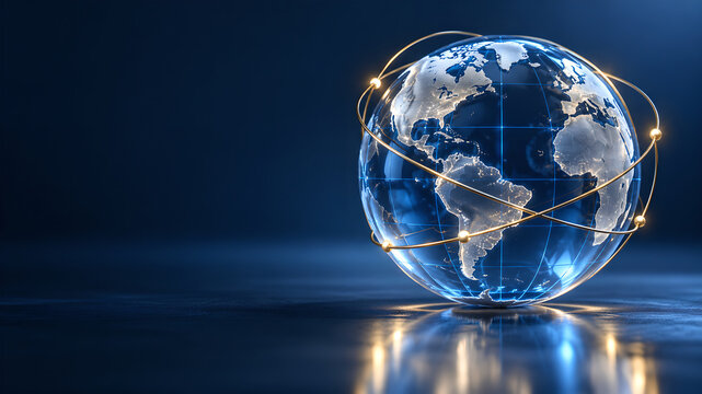 Optical glass globe surrounded by glowing gold transaction paths for international digital payments