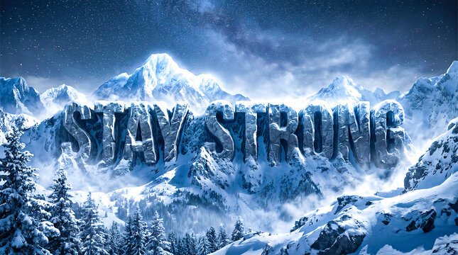 large bold typography reading stay strong integrated into a snowy night mountain landscape glowing icy peak starry sky cinematic lighting realistic nature photography highly detailed
